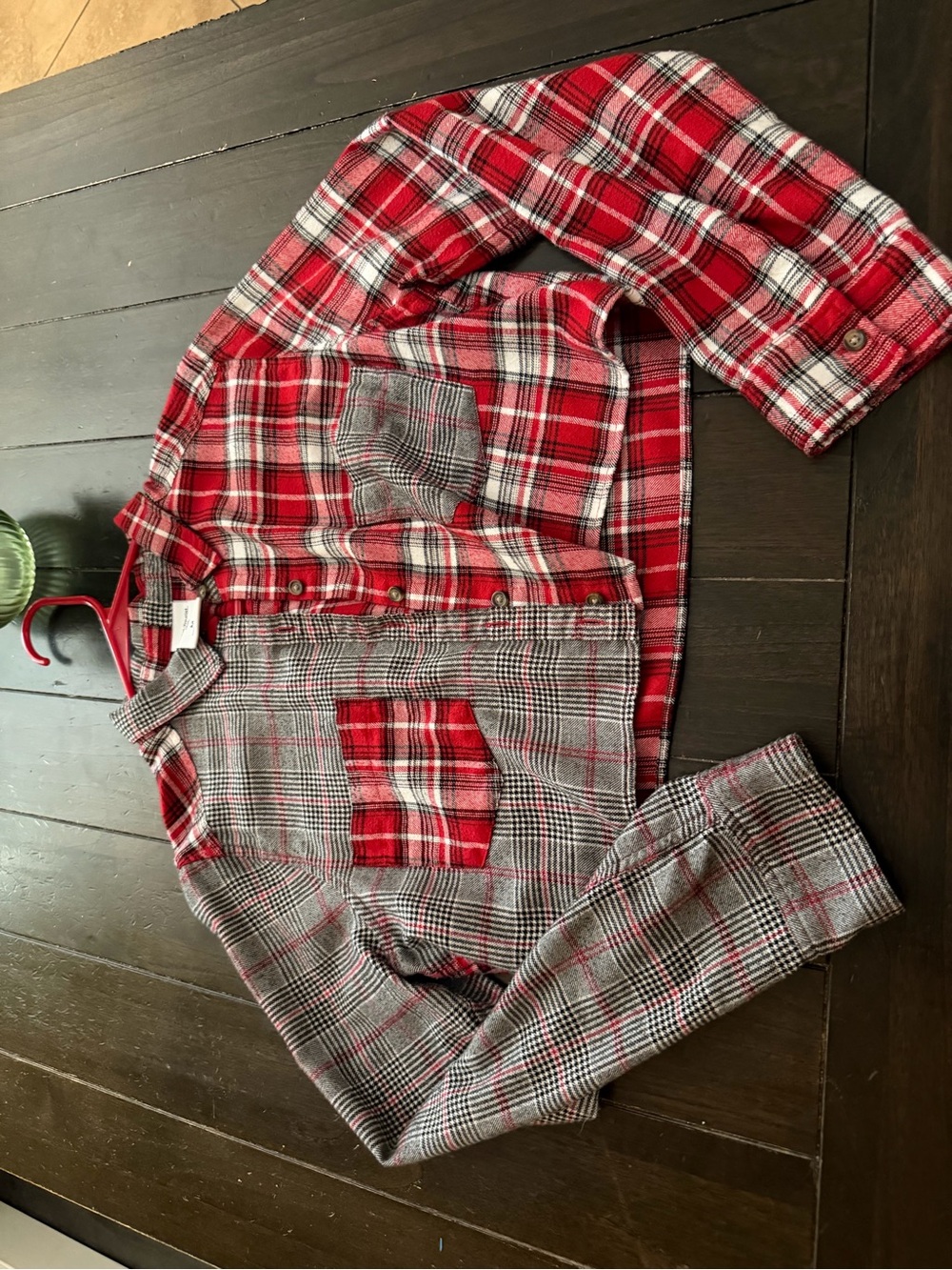 Mixed Plaid Button-Up Shirt Jacket in Red and Gray